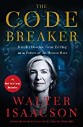 Isaccson - The Code Breaker cover - image of Jennifer Doudna on blue background with DNA sequences