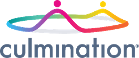 Culmination Bio logo - company name in lowercase gray letters. Above the name is a flat curved design with two peaks. The colors transition from red to orange to yellow to green to blue to purple and back to pink. The two peaks are between the transition from purple to pink and from orange to yellow. There is a dot above each peak. Pink above the purple to pink peak and yellow above the orange to yellow peak.